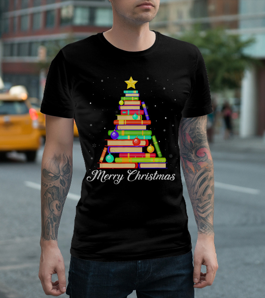 Merry Christmas Tree Made Of Books For Reading Lovers T-Shirt