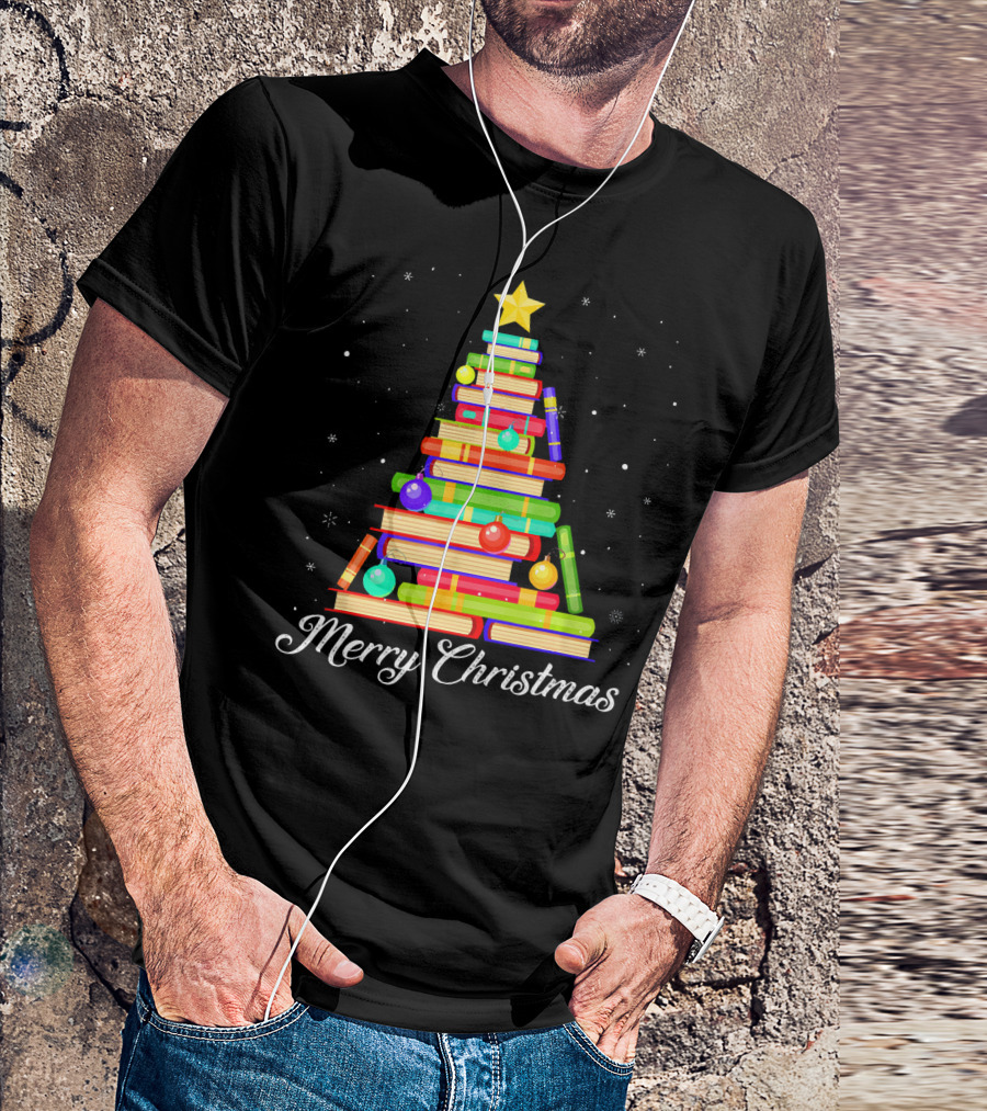 Merry Christmas Tree Made Of Books For Reading Lovers T-Shirt
