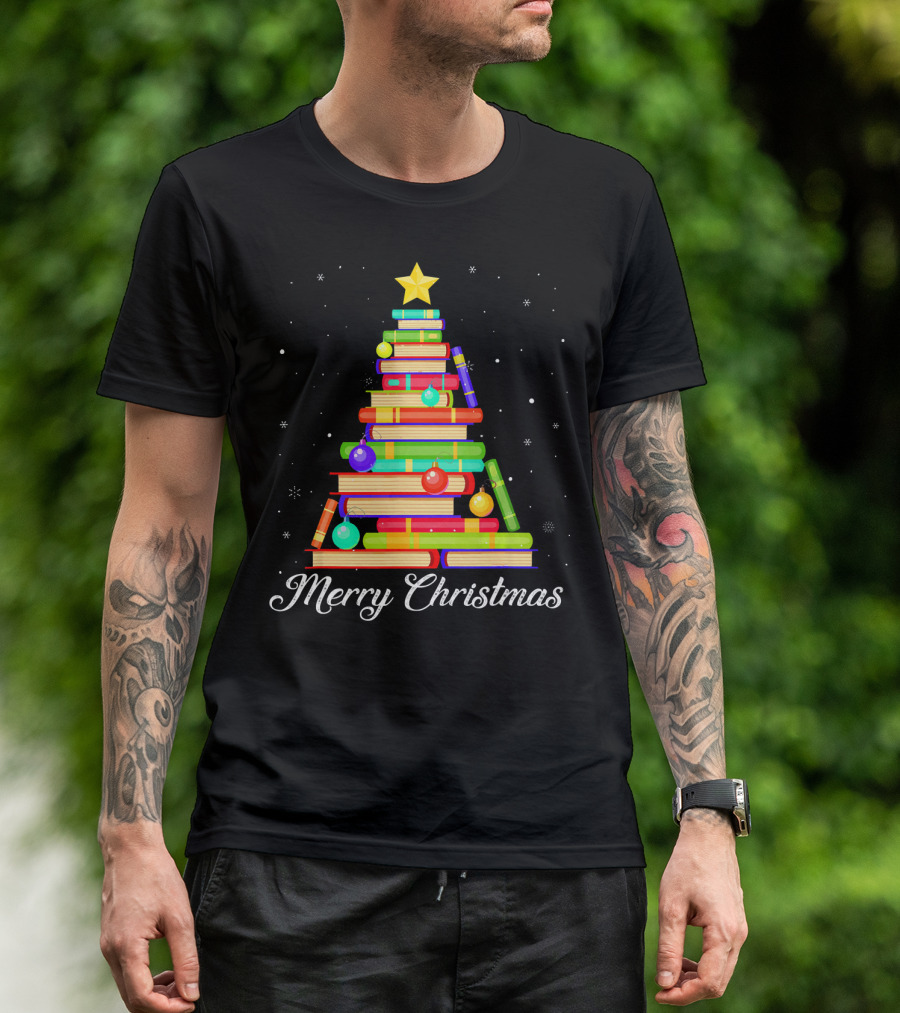 Merry Christmas Tree Made Of Books For Reading Lovers T-Shirt