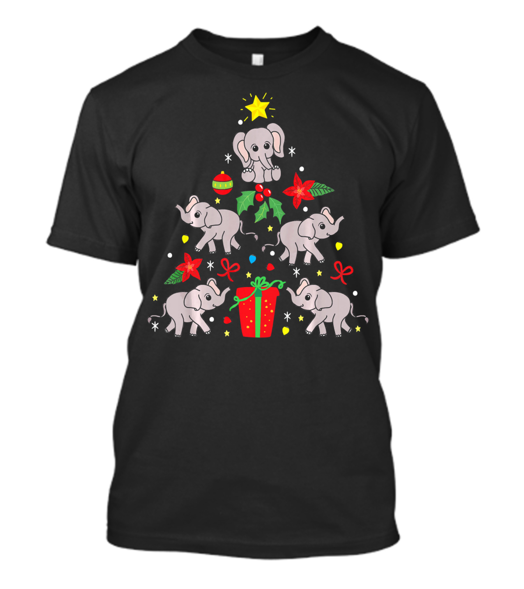 Elephant Christmas Ornament Tree With Stars, Poinsettias, Holly, And Gifts T-Shirt