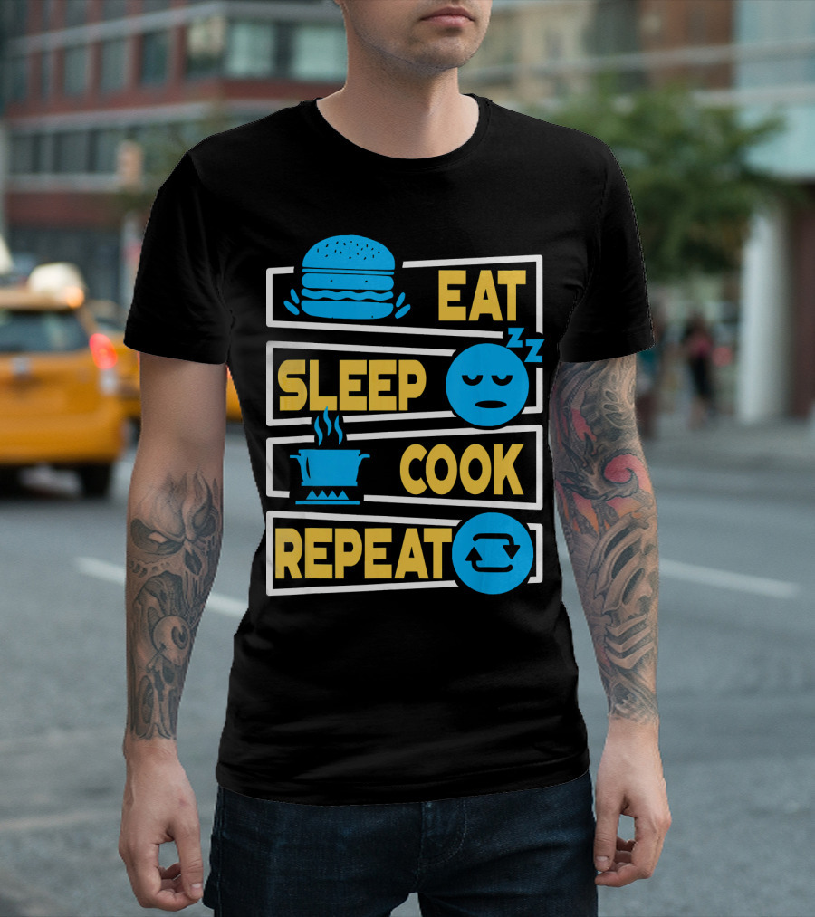 Eat Sleep Cook Repeat Cooking Burger Pot Iconography T-Shirt