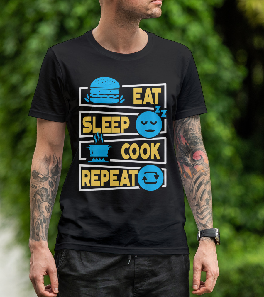 Eat Sleep Cook Repeat Cooking Burger Pot Iconography T-Shirt