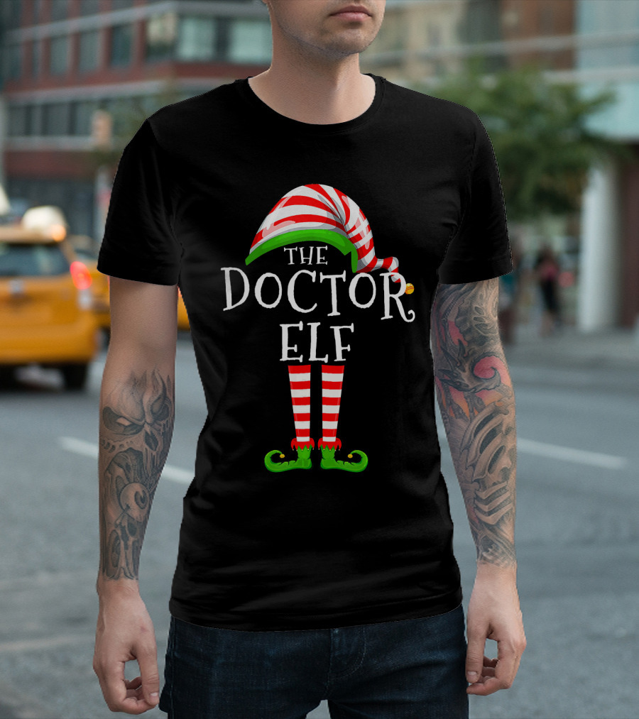 The Doctor Elf Family Matching Group Christmas Striped Hat And Green Shoes T-Shirt