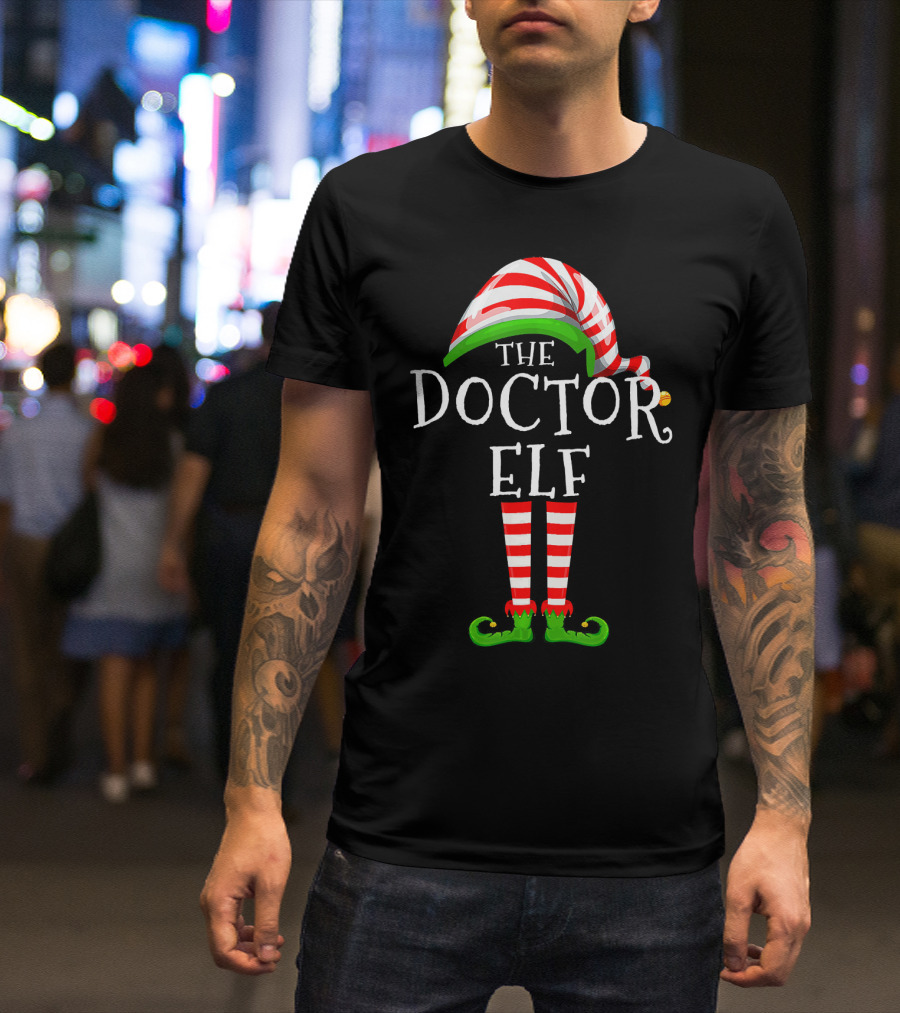 The Doctor Elf Family Matching Group Christmas Striped Hat And Green Shoes T-Shirt