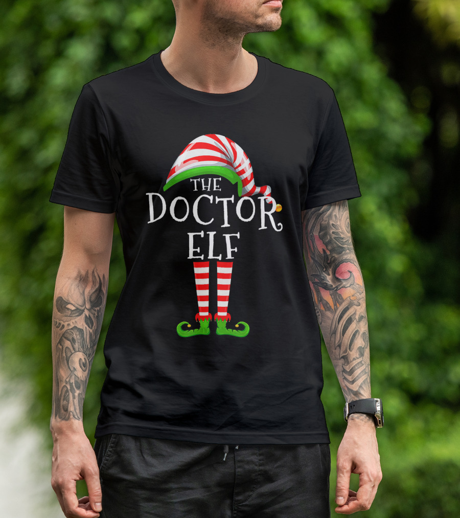 The Doctor Elf Family Matching Group Christmas Striped Hat And Green Shoes T-Shirt