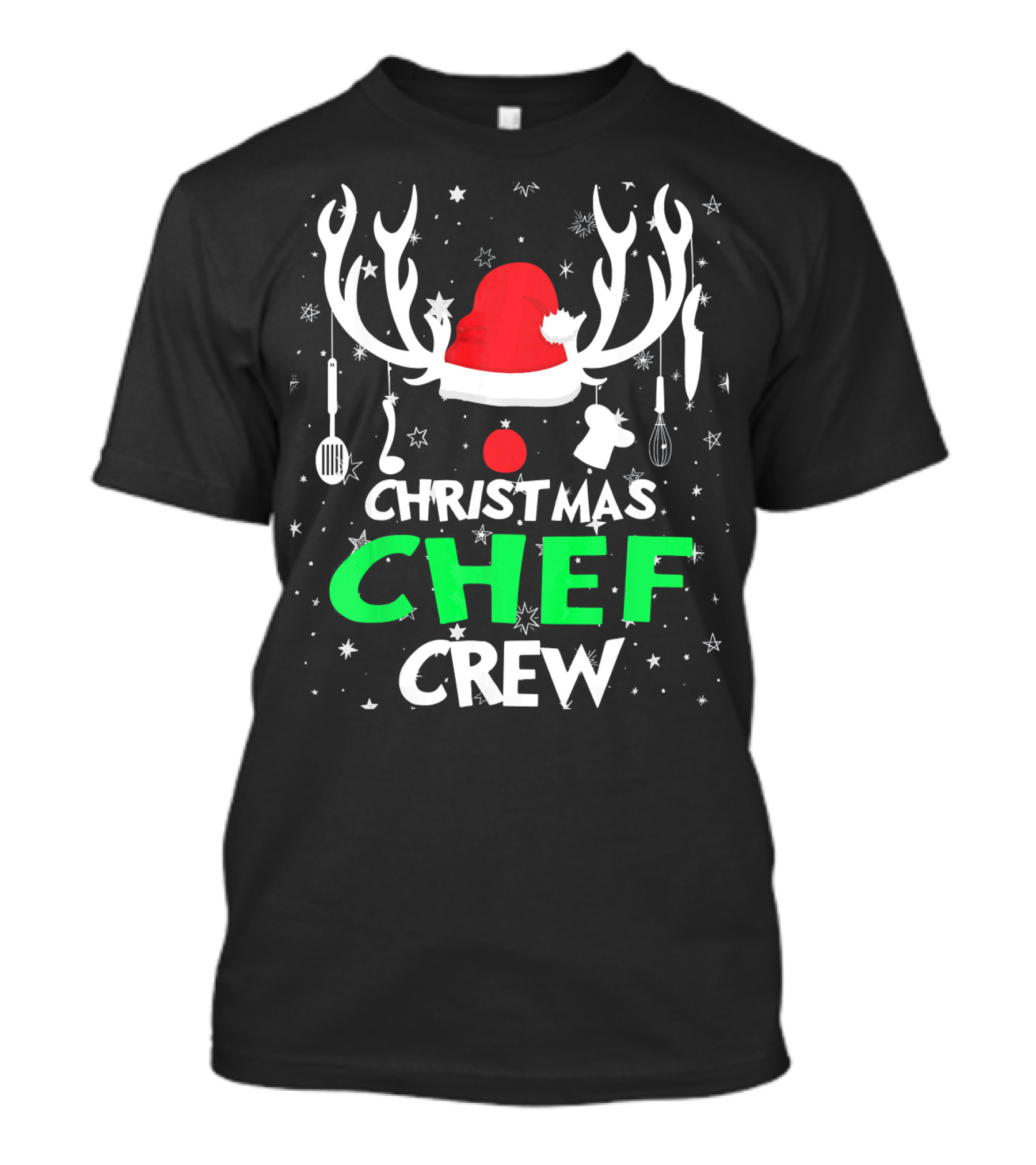 Christmas Chef Crew Funny Holiday Santa Antlers Cooking Utensils T-Shirt