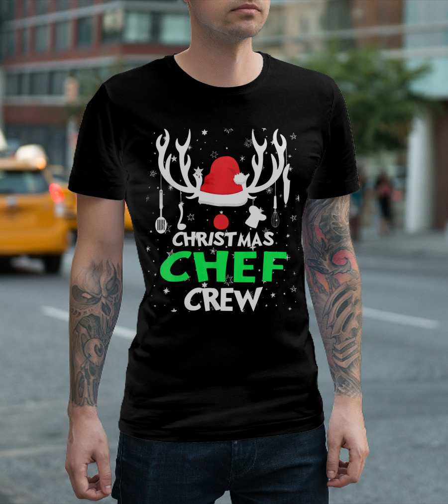 Christmas Chef Crew Funny Holiday Santa Antlers Cooking Utensils T-Shirt