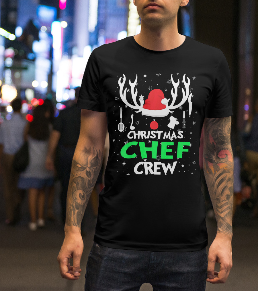 Christmas Chef Crew Funny Holiday Santa Antlers Cooking Utensils T-Shirt