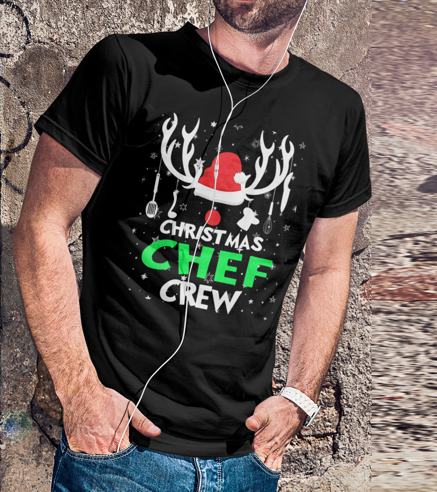 Christmas Chef Crew Funny Holiday Santa Antlers Cooking Utensils T-Shirt