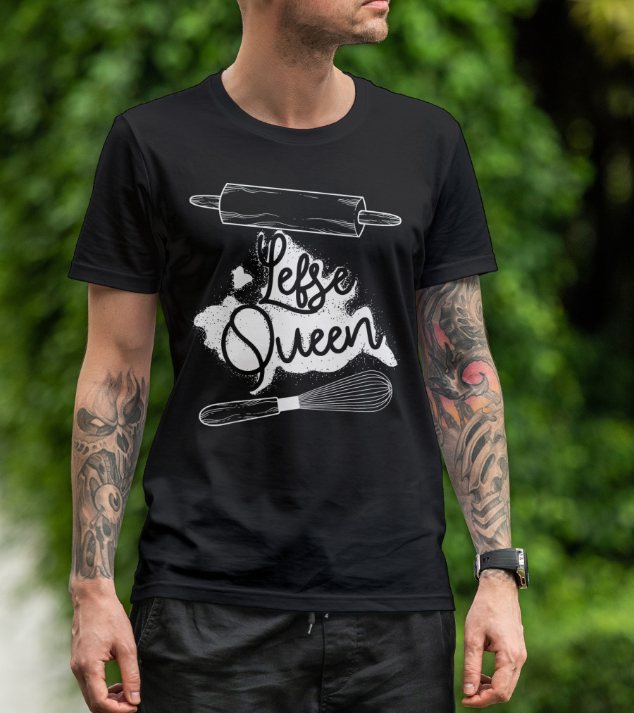 Lefse Queen Funny Chef Baking With Rolling Pin And Whisk T-Shirt
