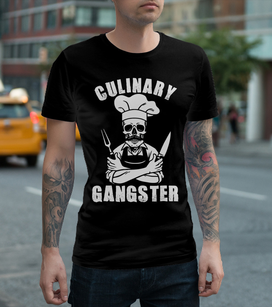 Culinary Gangster Skull Chef with Crossed Knives and Fork T-Shirt
