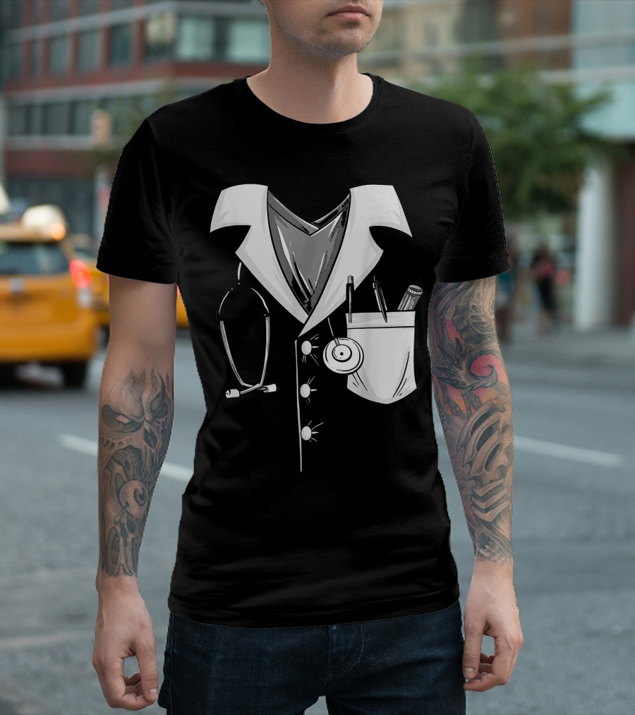 Cool Doctor Uniform Stethoscope And Medical Tools Sketch T-Shirt