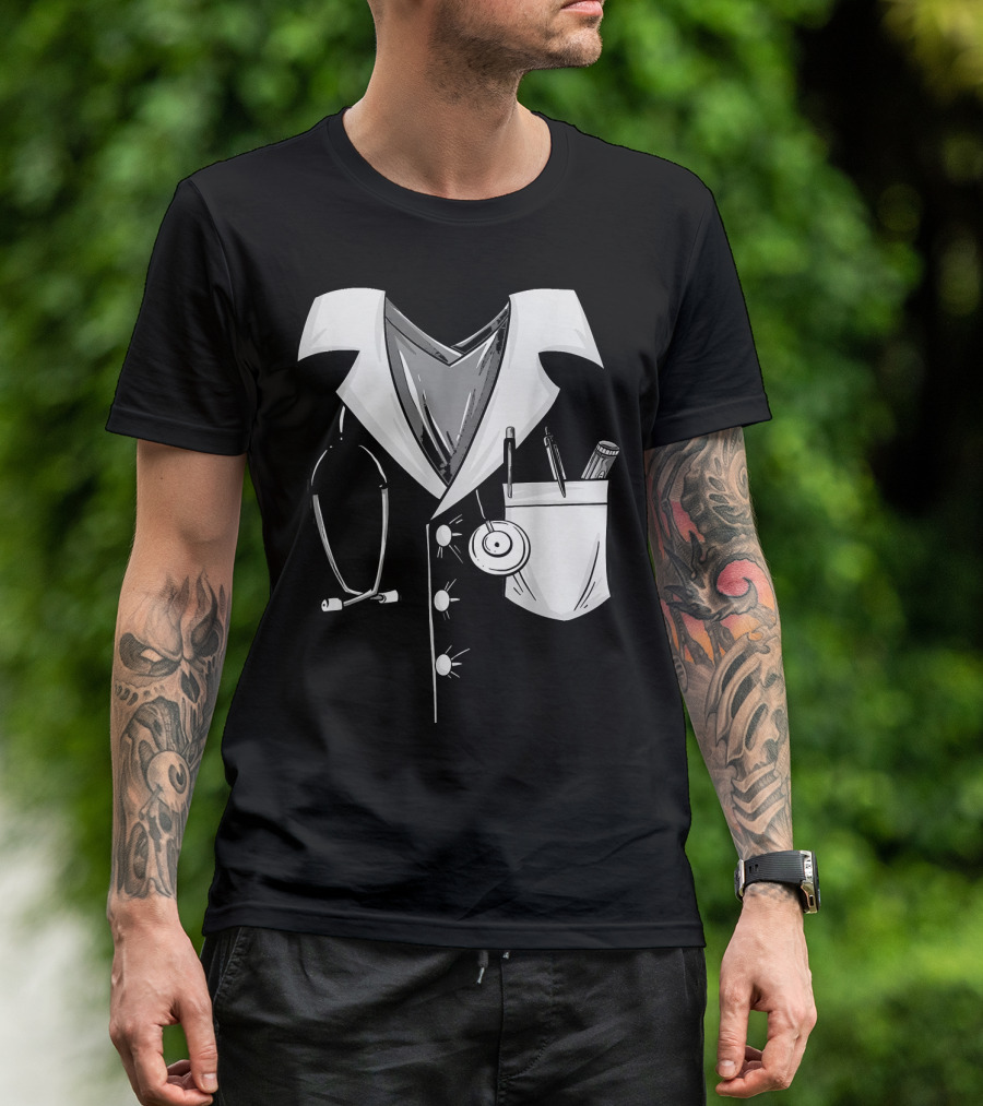 Cool Doctor Uniform Stethoscope And Medical Tools Sketch T-Shirt
