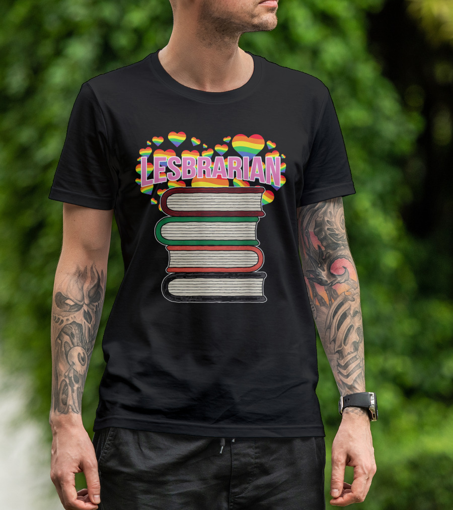 Lesbrarian Rainbow Heart Book Stack T-Shirt