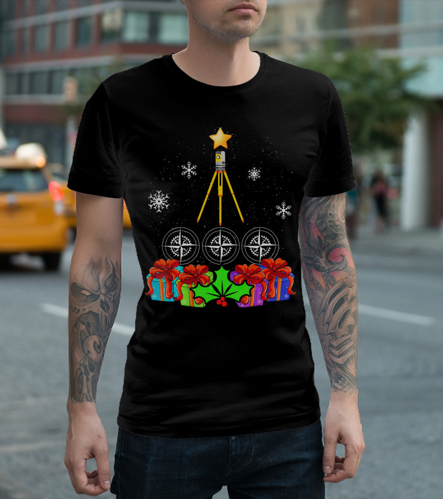 Funny Christmas Tree with Survey Equipment and Holiday Decorations T-Shirt