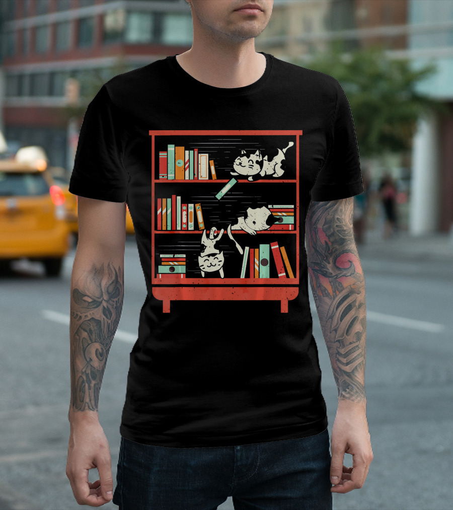 Cats Playing Among Bookshelves For Library And Book Lovers T-Shirt