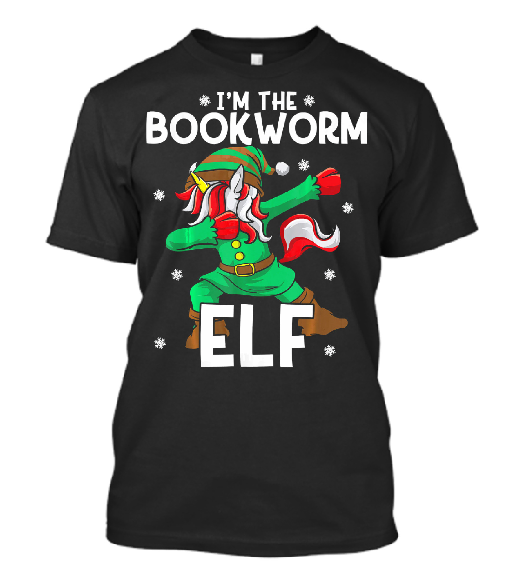 I'm The Bookworm Elf Unicorn Book Lover With Festive Dance And Snowflake Magic T-Shirt