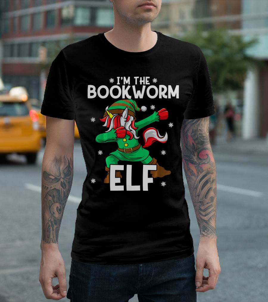 I'm The Bookworm Elf Unicorn Book Lover With Festive Dance And Snowflake Magic T-Shirt