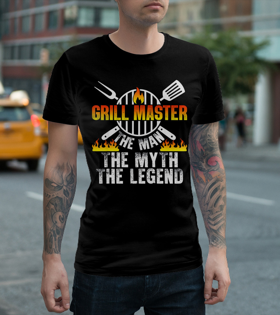 Grill Master The Man The Myth The Legend Iconic BBQ Flames And Utensils T-Shirt