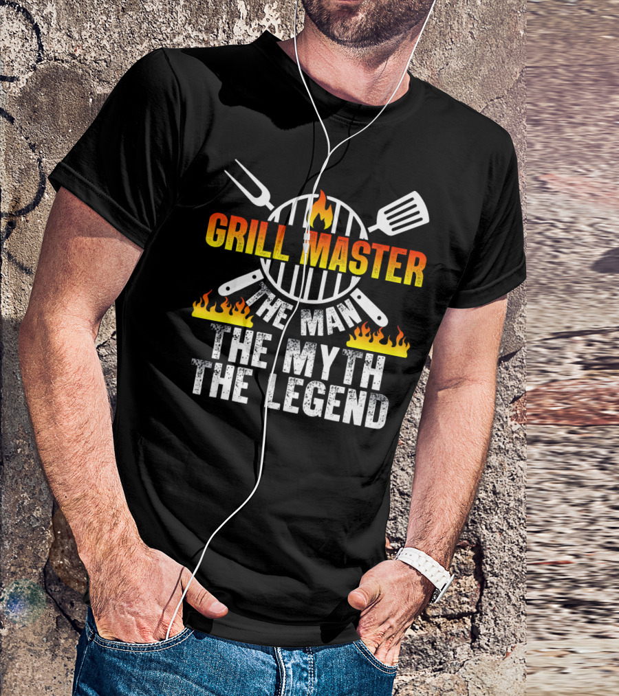 Grill Master The Man The Myth The Legend Iconic BBQ Flames And Utensils T-Shirt