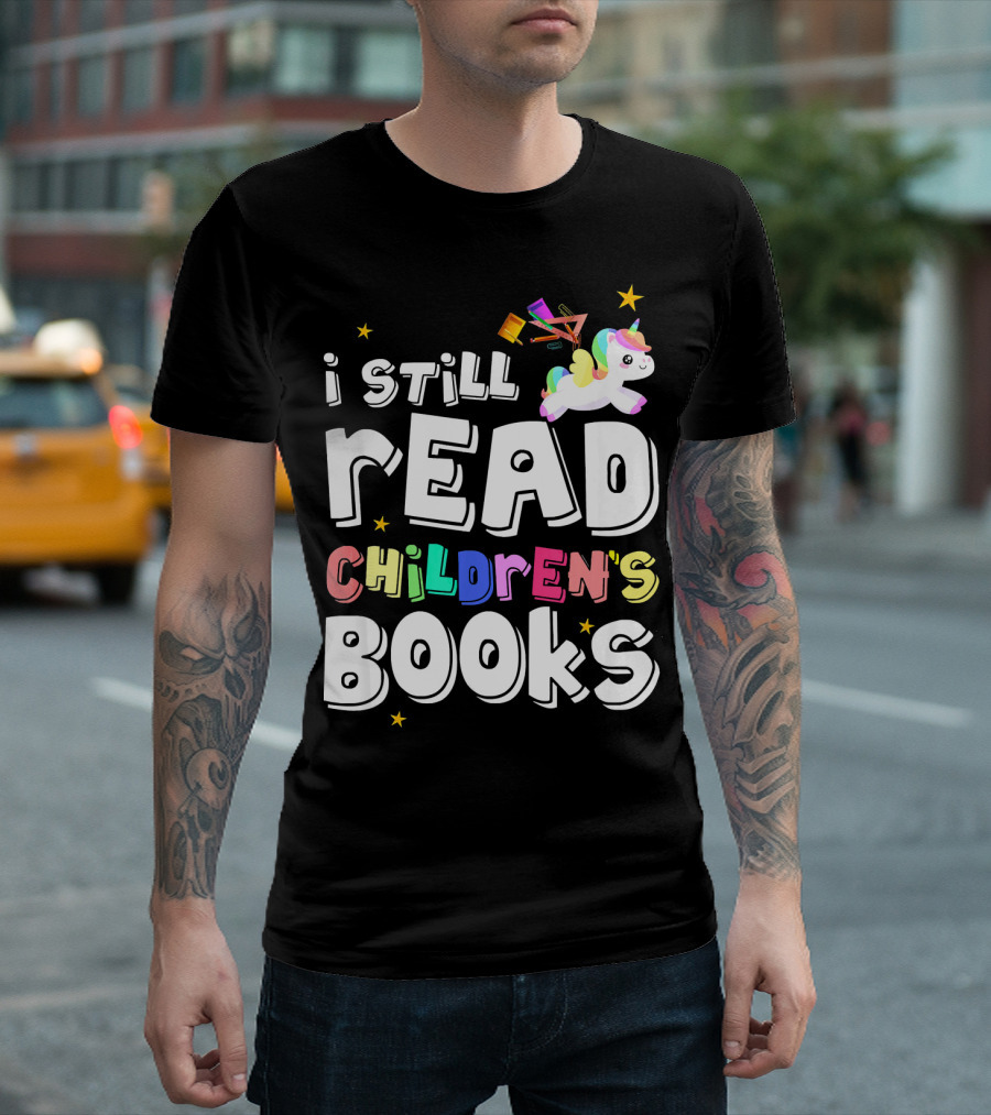 I Still Read Children's Books Unicorn with Stars and Books T-Shirt