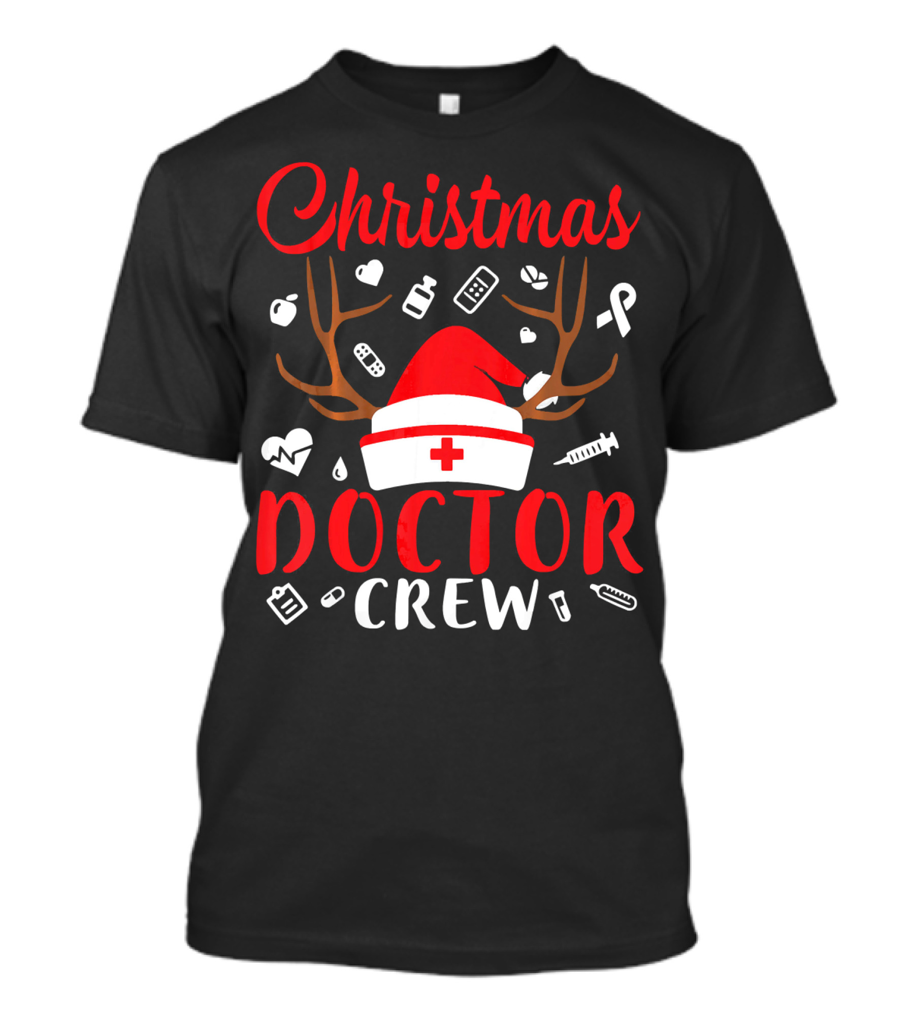 Christmas Doctor Crew Santa Hat Reindeer Antlers Medical Icons T-Shirt