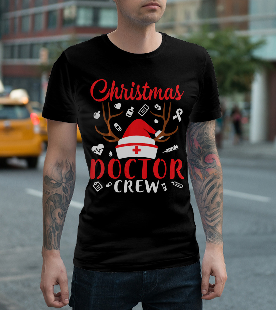 Christmas Doctor Crew Santa Hat Reindeer Antlers Medical Icons T-Shirt