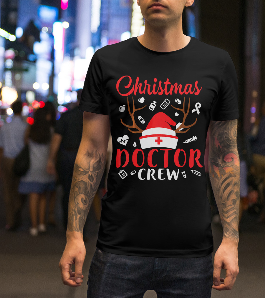 Christmas Doctor Crew Santa Hat Reindeer Antlers Medical Icons T-Shirt