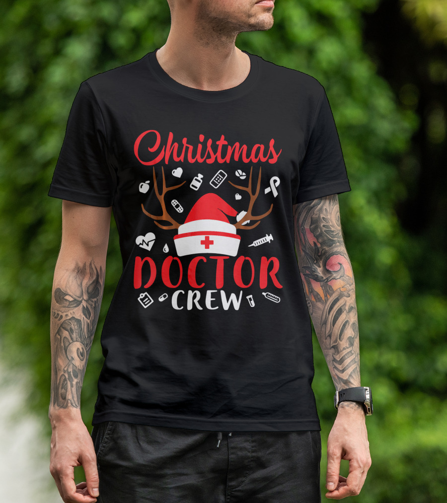 Christmas Doctor Crew Santa Hat Reindeer Antlers Medical Icons T-Shirt