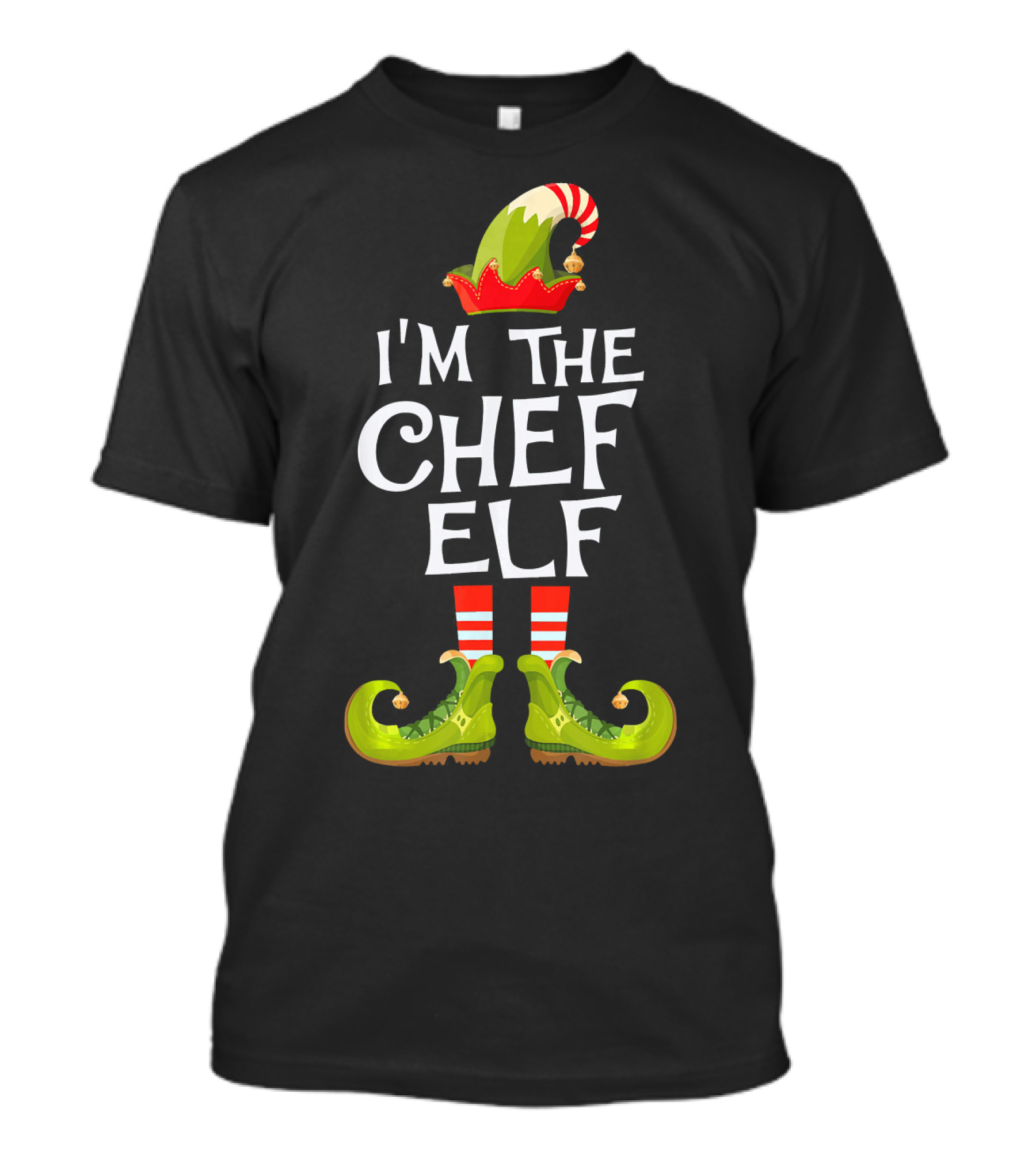 I'm The Chef Elf Festive Costume With Candy Striped Socks And Green Shoes T-Shirt