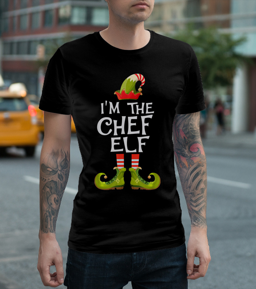 I'm The Chef Elf Festive Costume With Candy Striped Socks And Green Shoes T-Shirt