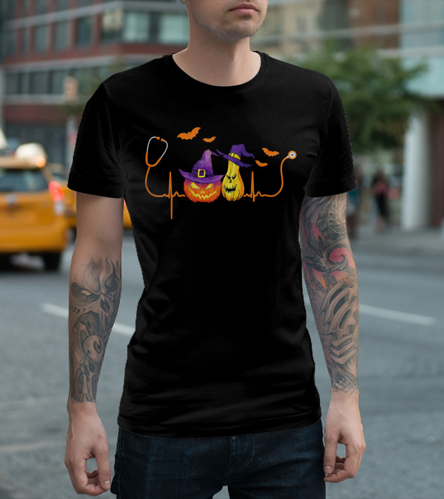 Halloween Nurse Doctor Stethoscope Pumpkin Witch Hat Bats T-Shirt