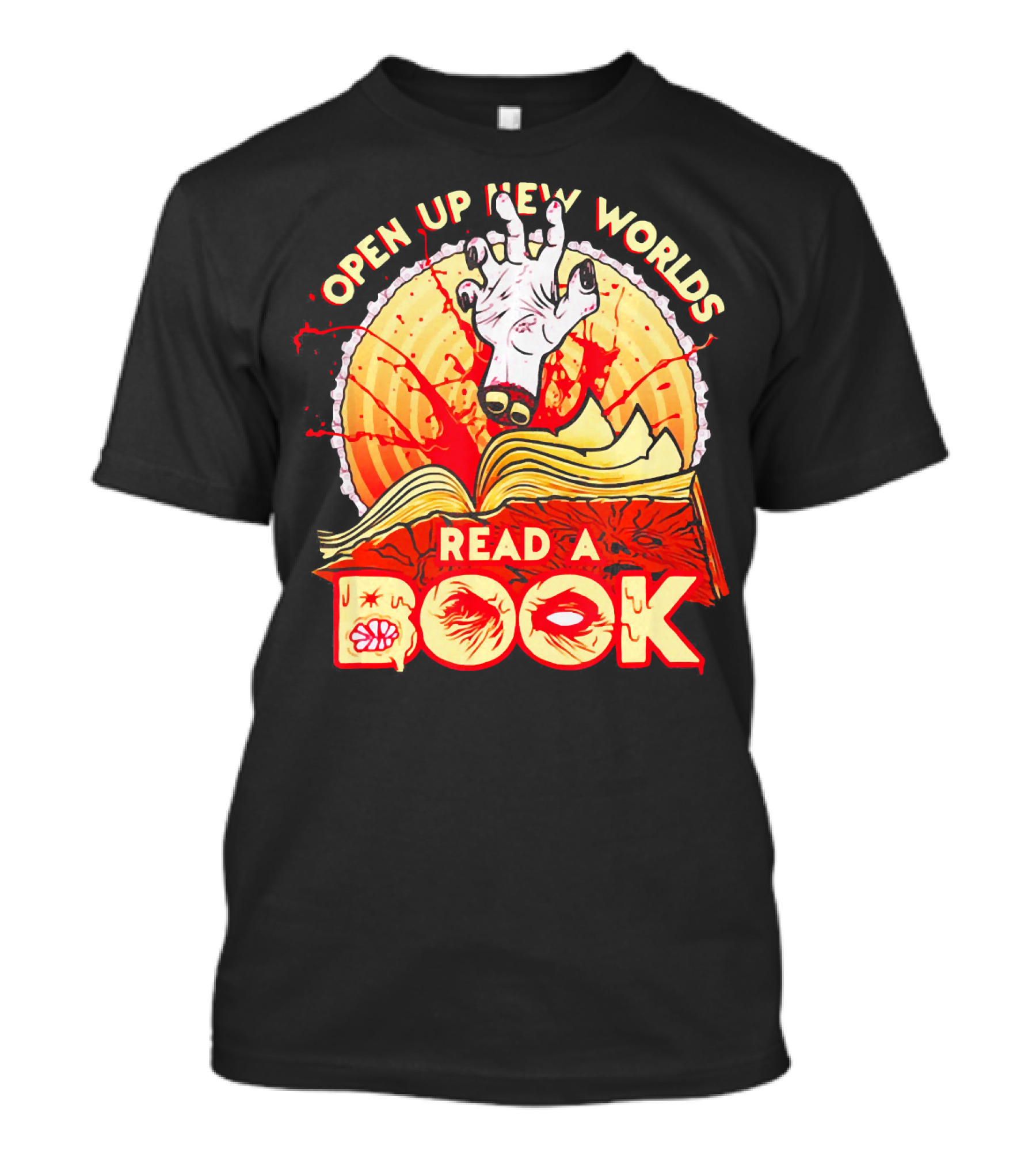 Open Up New Worlds Read A Book Zombie Hand Emerging From Open Book T-Shirt