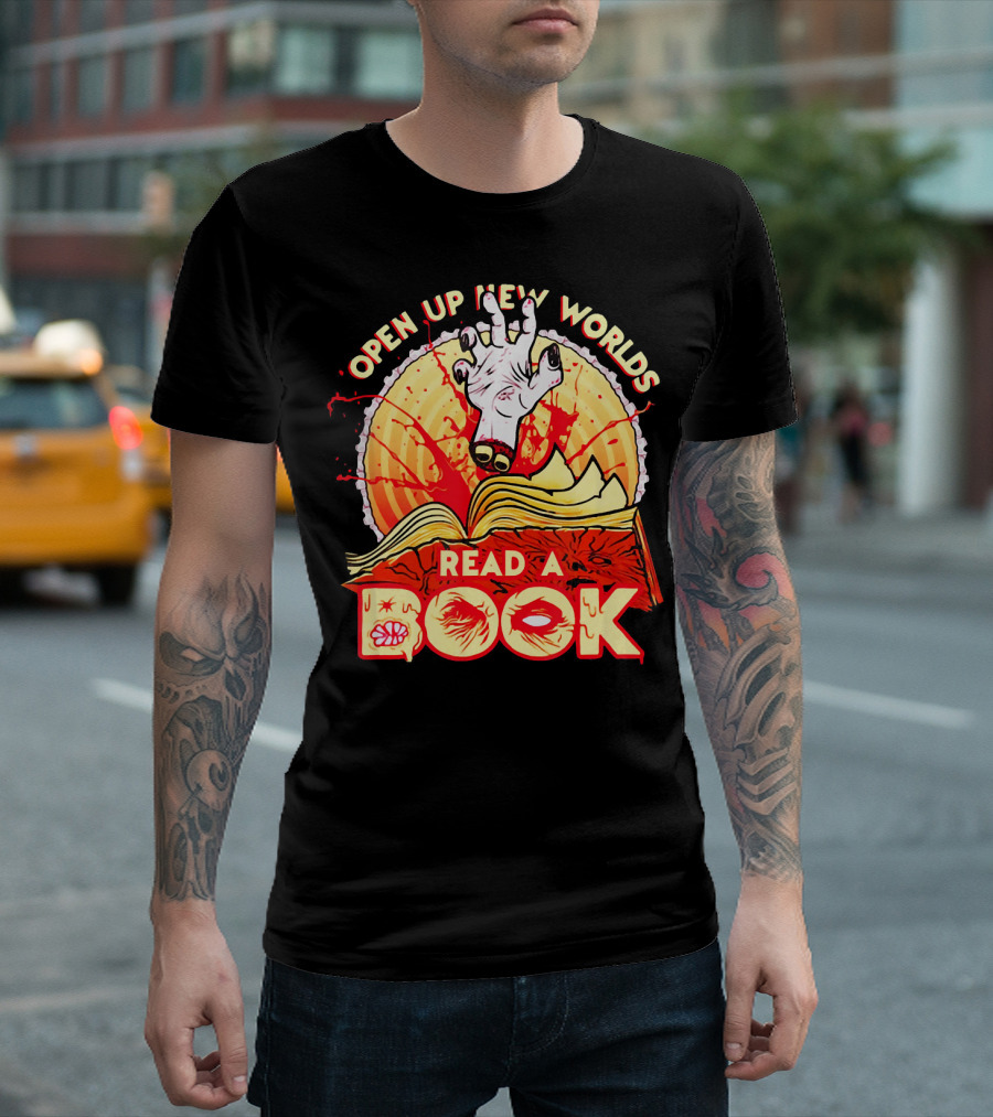 Open Up New Worlds Read A Book Zombie Hand Emerging From Open Book T-Shirt