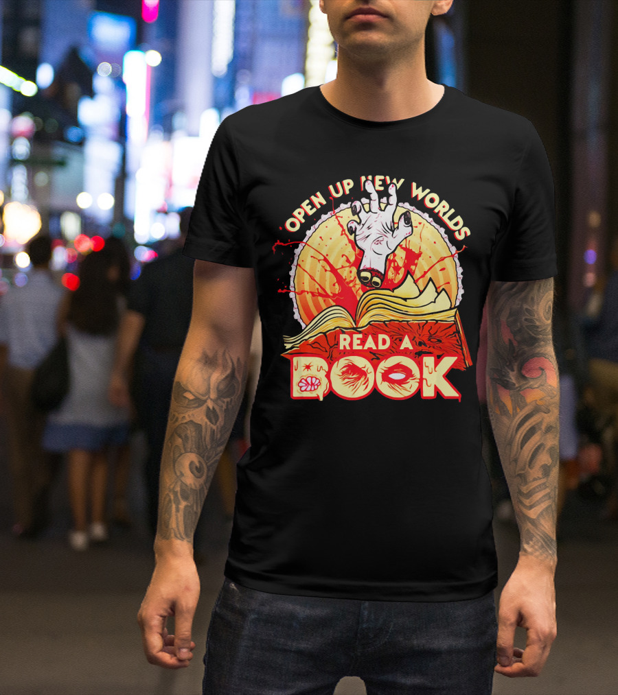 Open Up New Worlds Read A Book Zombie Hand Emerging From Open Book T-Shirt