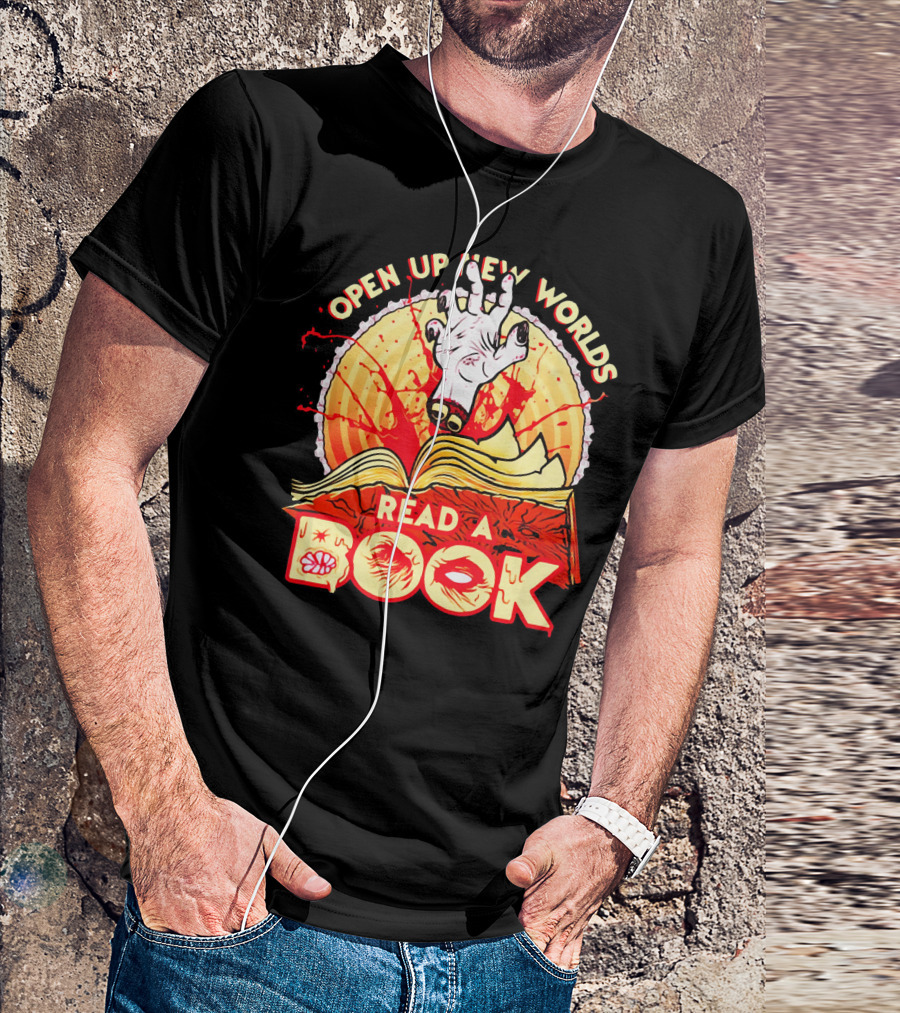 Open Up New Worlds Read A Book Zombie Hand Emerging From Open Book T-Shirt