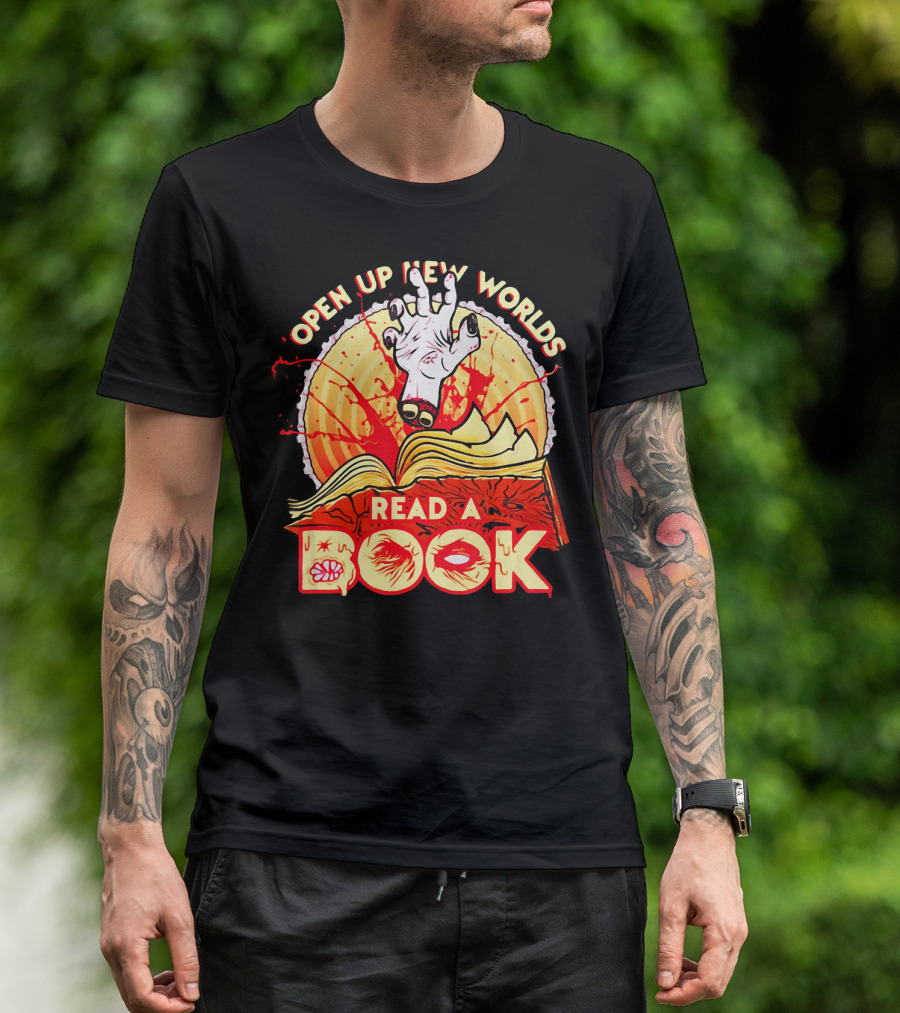 Open Up New Worlds Read A Book Zombie Hand Emerging From Open Book T-Shirt
