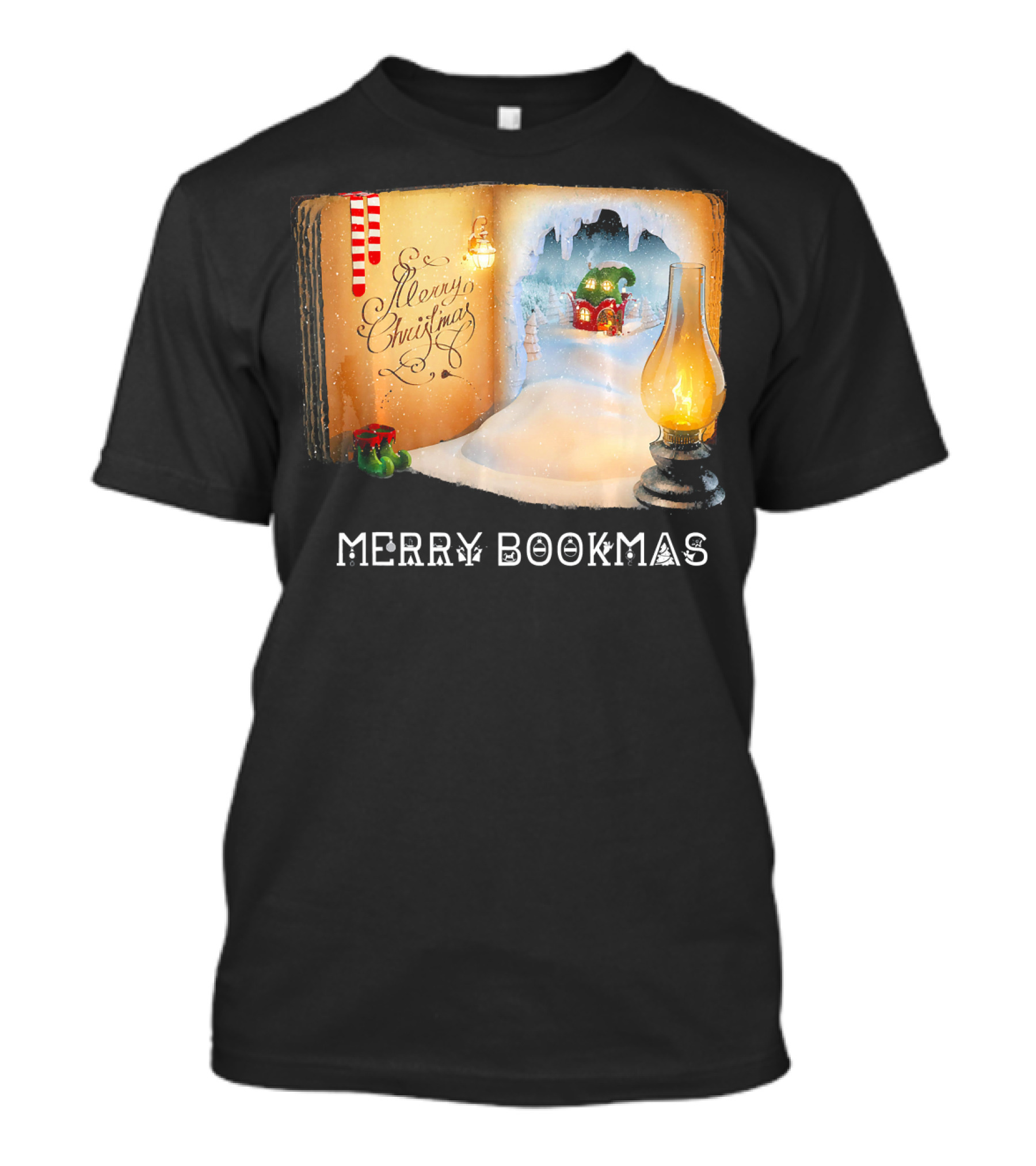 Merry Bookmas Merry Christmas Reading Book With Lantern And Winter Scene T-Shirt