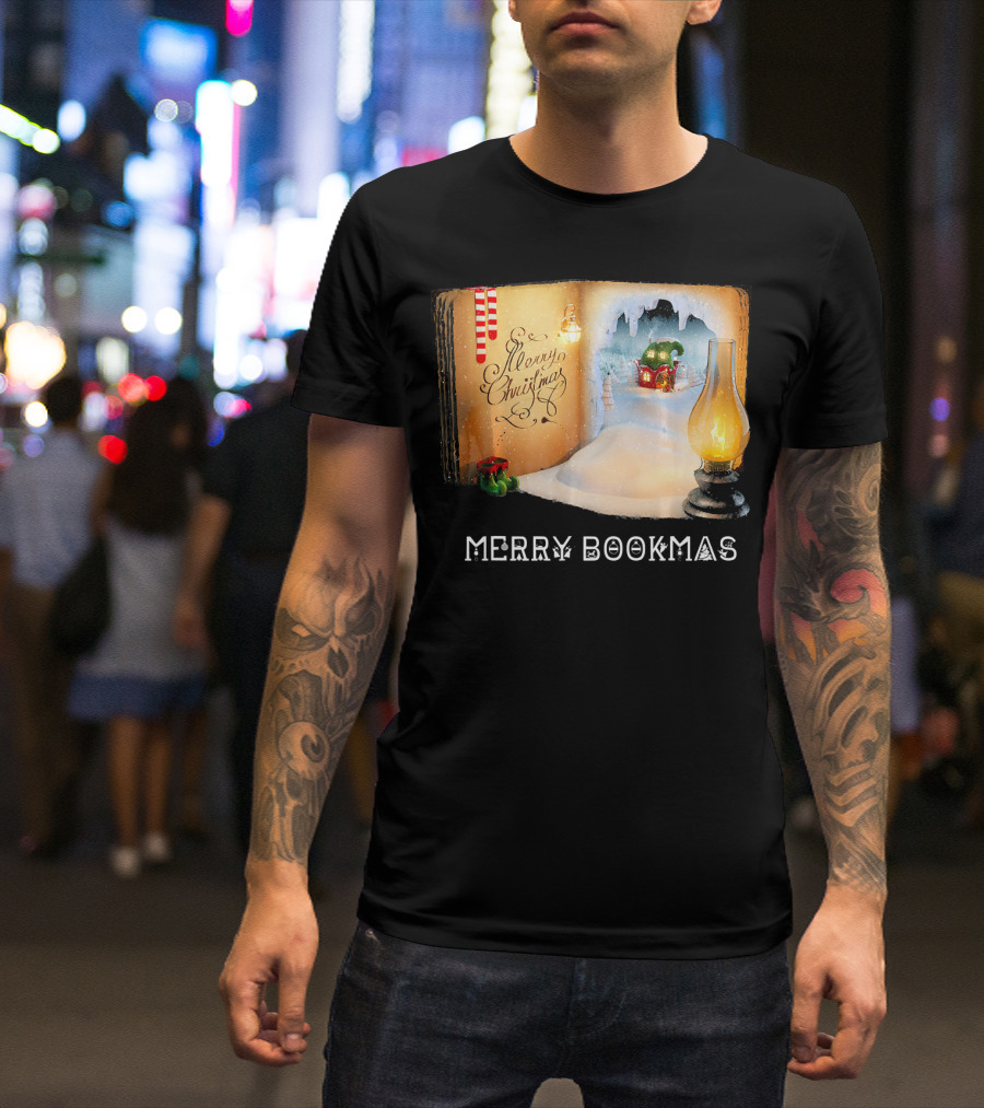 Merry Bookmas Merry Christmas Reading Book With Lantern And Winter Scene T-Shirt