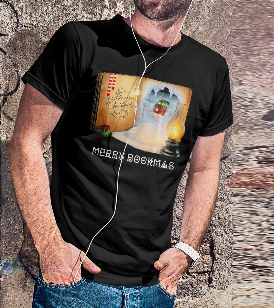 Merry Bookmas Merry Christmas Reading Book With Lantern And Winter Scene T-Shirt