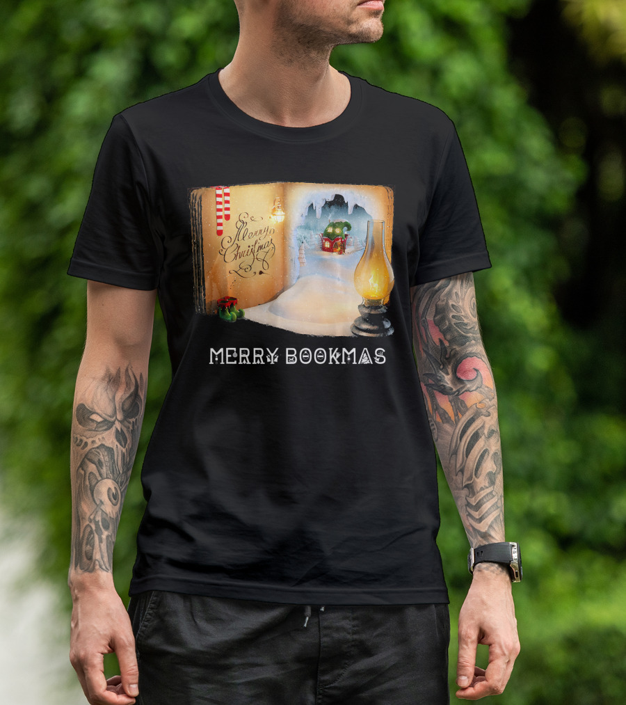 Merry Bookmas Merry Christmas Reading Book With Lantern And Winter Scene T-Shirt