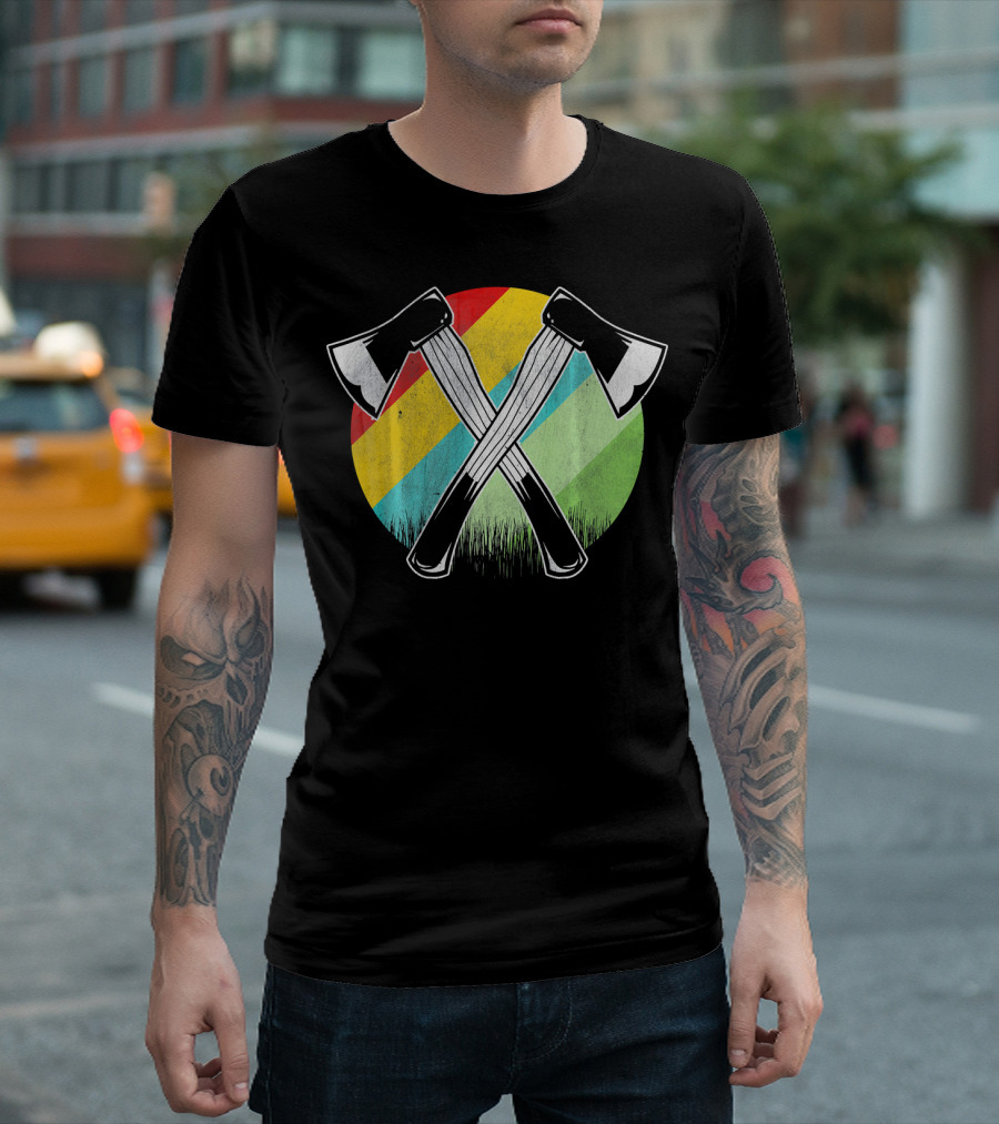 Retro Lumberjack Axes with Colorful Stripes T-Shirt