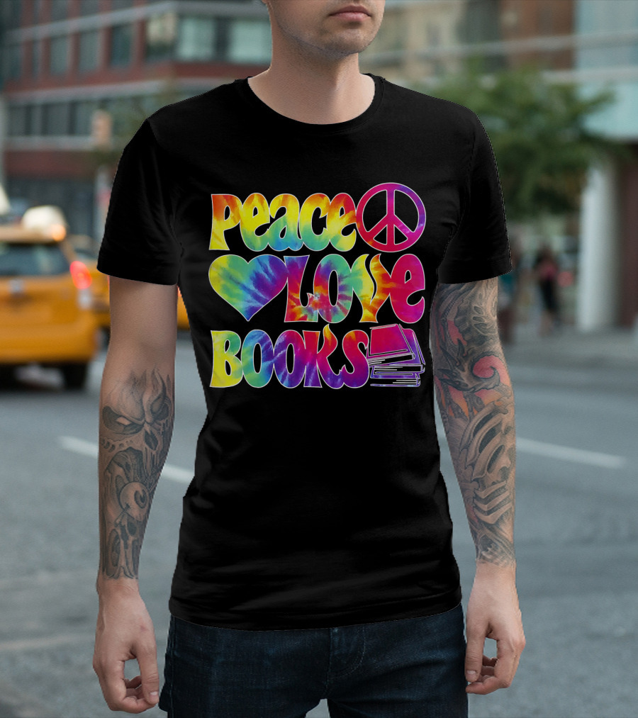 Peace Love Books Tie-Dye Peace Sign and Heart with Stacked Books T-Shirt