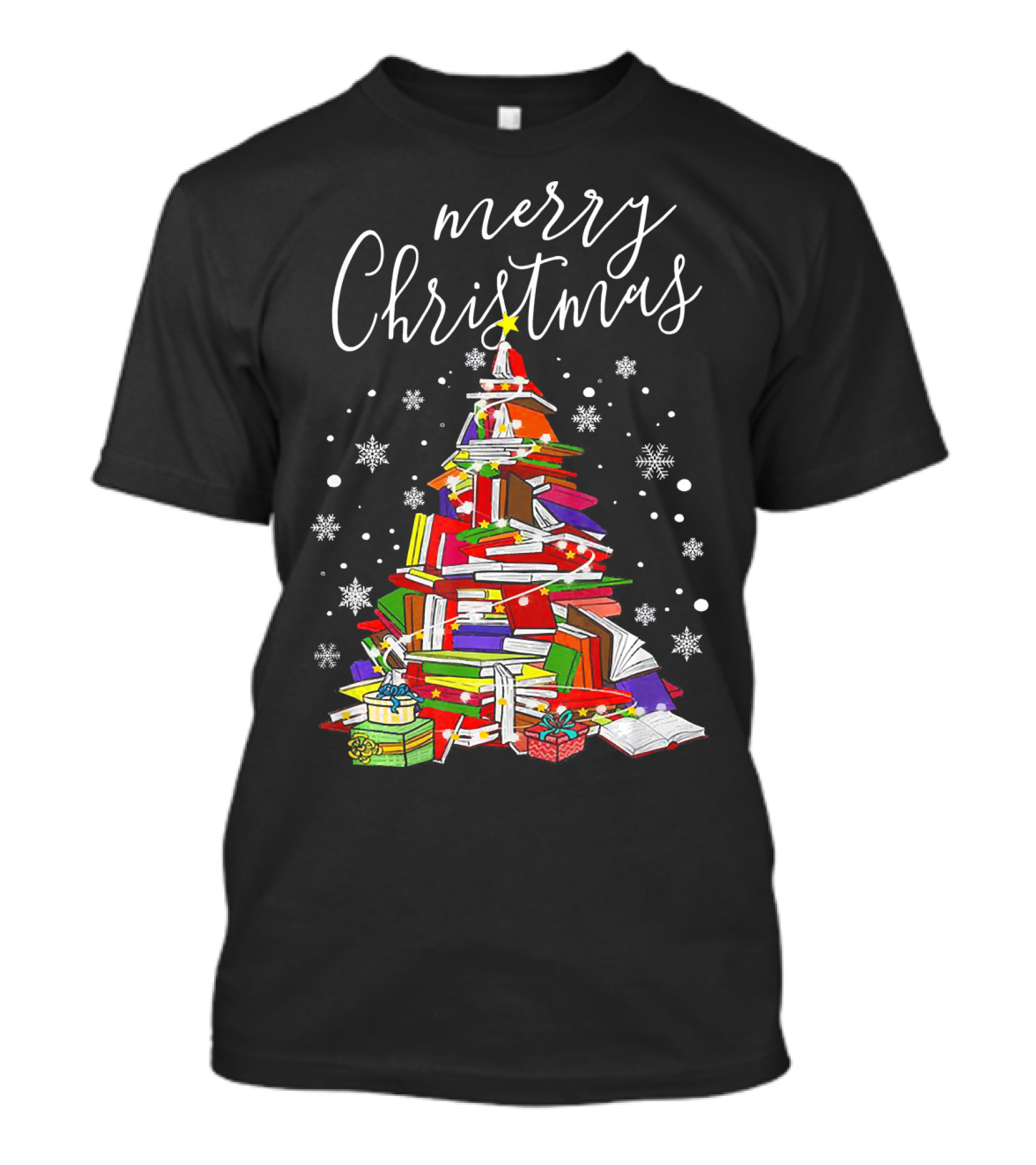 Merry Christmas Book Tree With Snowflakes And Gifts T-Shirt