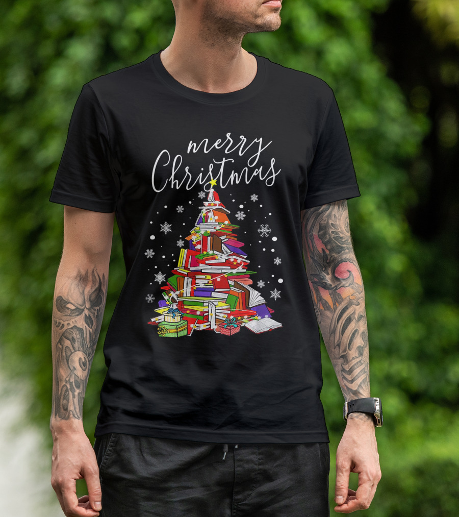 Merry Christmas Book Tree With Snowflakes And Gifts T-Shirt