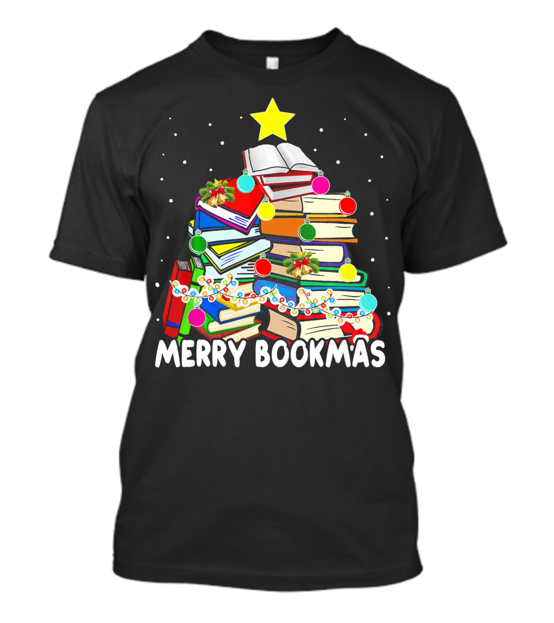 Merry Bookmas Christmas Book Tree With Stars And Ornaments T-Shirt