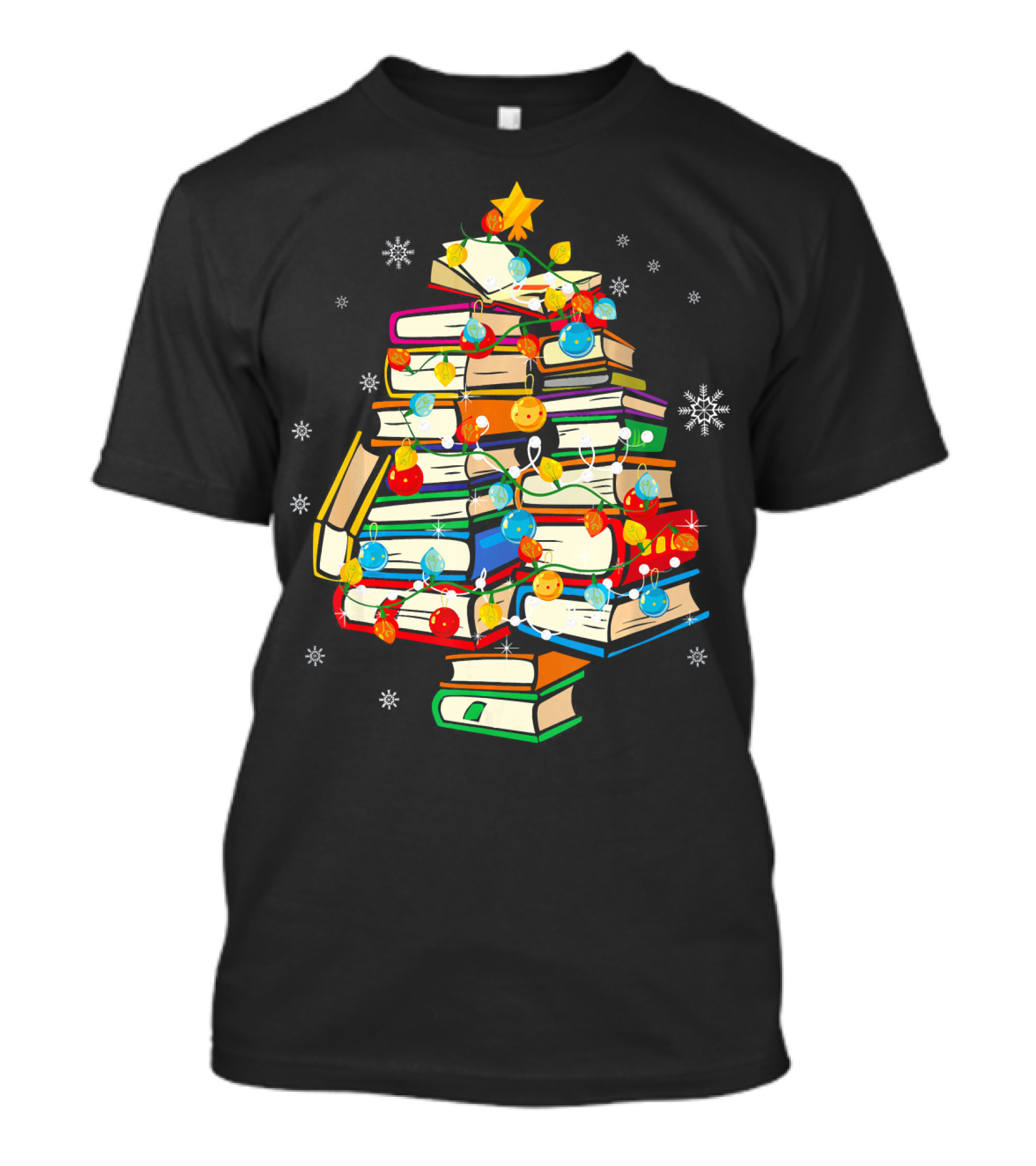 Merry Christmas Books Stack Tree With Ornaments For Library Lovers T-Shirt