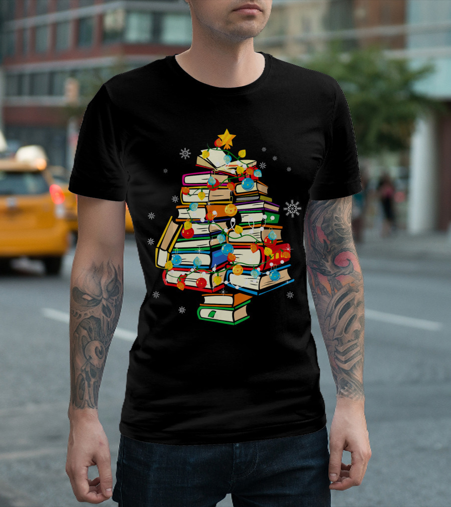 Merry Christmas Books Stack Tree With Ornaments For Library Lovers T-Shirt