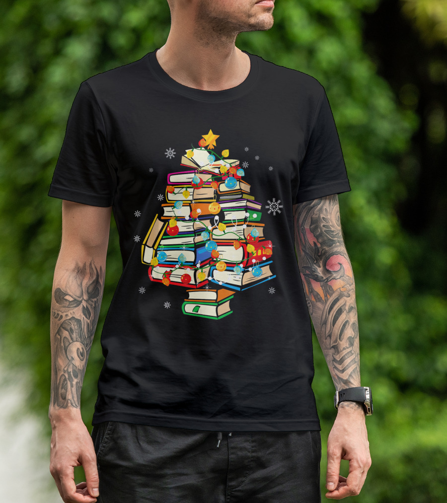 Merry Christmas Books Stack Tree With Ornaments For Library Lovers T-Shirt
