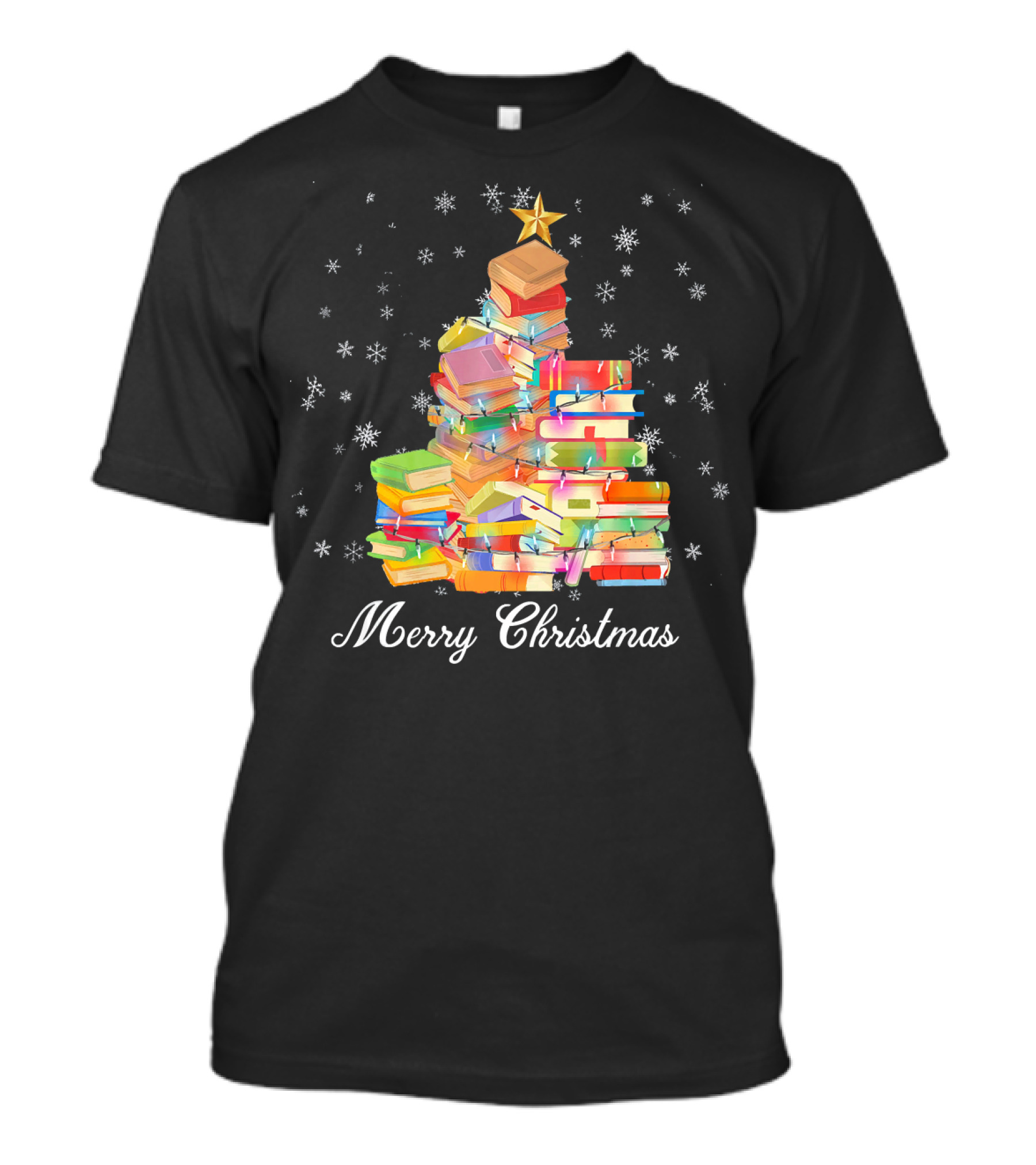 Merry Christmas Tree Funny Love Reading Books Stacked As Christmas Tree With Lights And Star T-Shirt